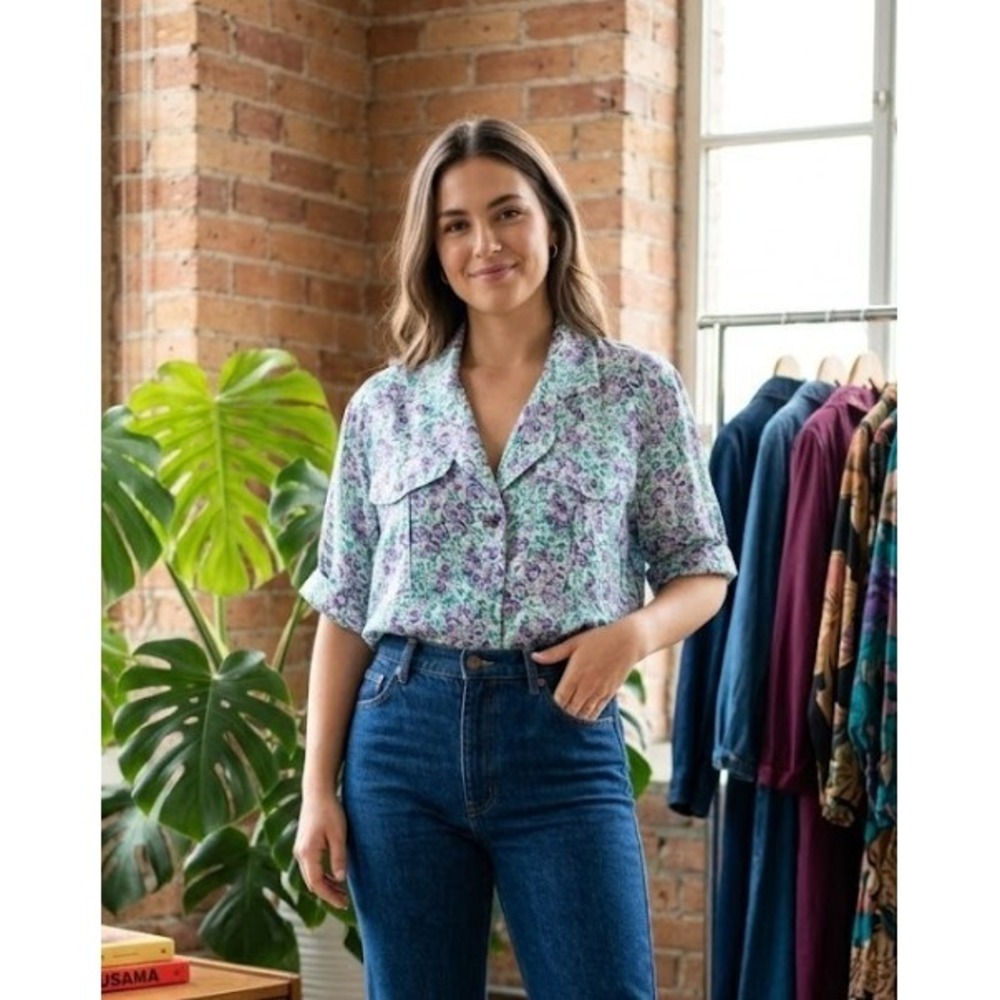 90s Jon Tagia Silk Floral Button Down Shirt Womens Purple Green Rose Print 8